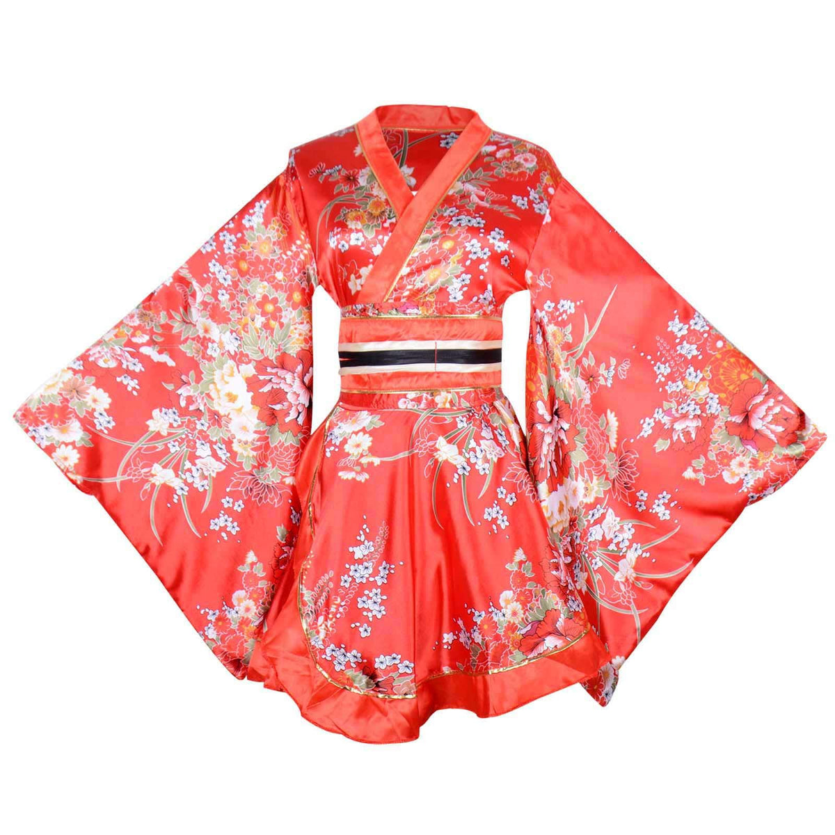 Short Kimono Dress - Japanese Geisha Yukata Costume with Obi Belt, Red Blossom Print - detail view