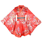Short Kimono Dress - Japanese Geisha Yukata Costume with Obi Belt, Red Blossom Print - detail view