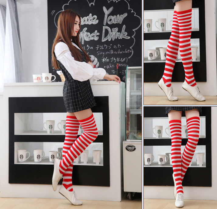 Striped Thigh High Socks - alternate angle