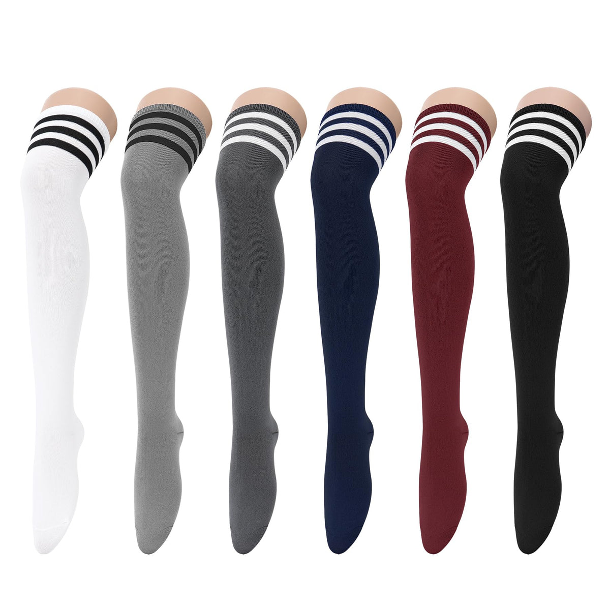 Striped Thigh High Socks for Women - 6 Pairs Cosplay Knee High Stockings, Colored Stripes - detail view