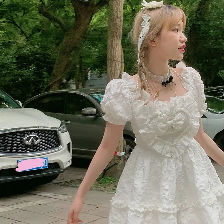 Sweet Girl Lolita Bow Square Neck Dress - detail view