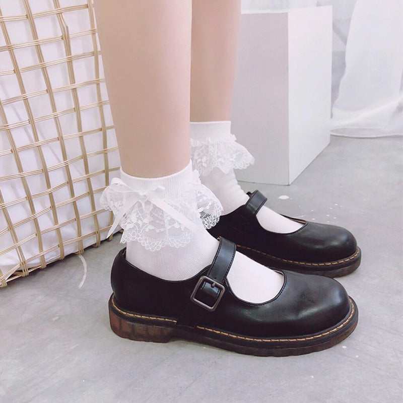 White Lace Bow and Beaded Lolita Socks - front view