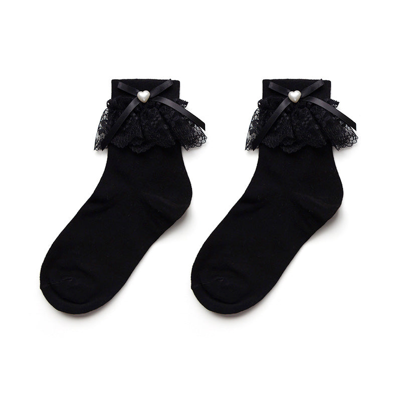 White Lace Bow and Beaded Lolita Socks - detail view
