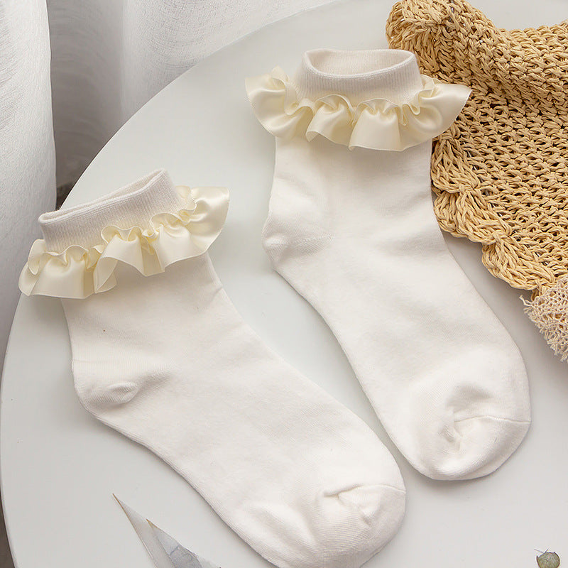 White Lace Bow and Beaded Lolita Socks - side view