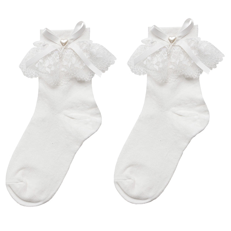 White Lace Bow and Beaded Lolita Socks - back view