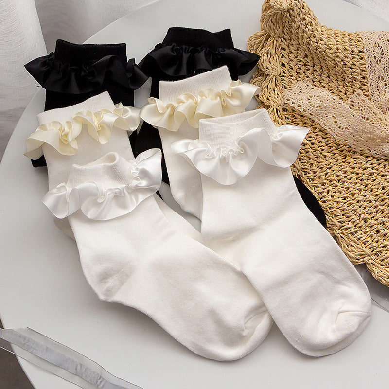 White Lace Bow and Beaded Lolita Socks - styled view