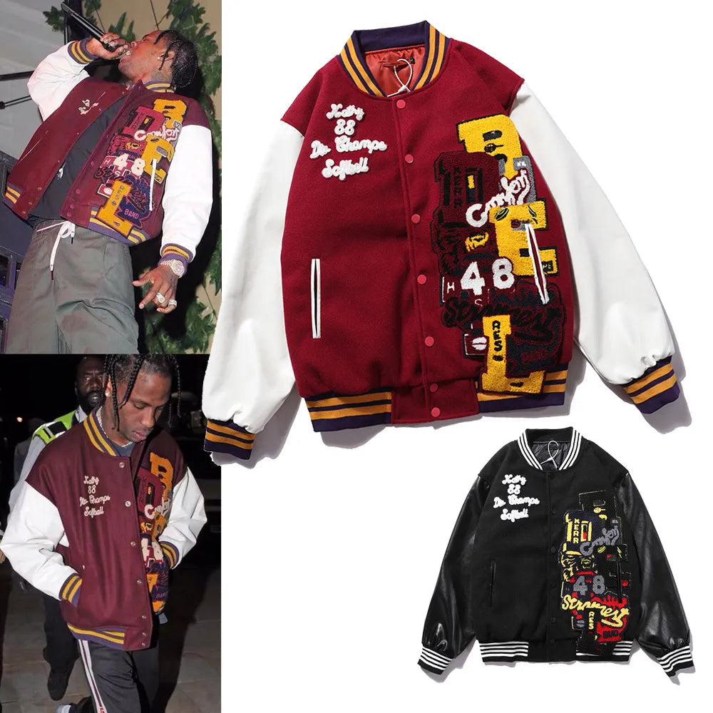 Woolen Leather Embroidered Baseball Jacket - detail view