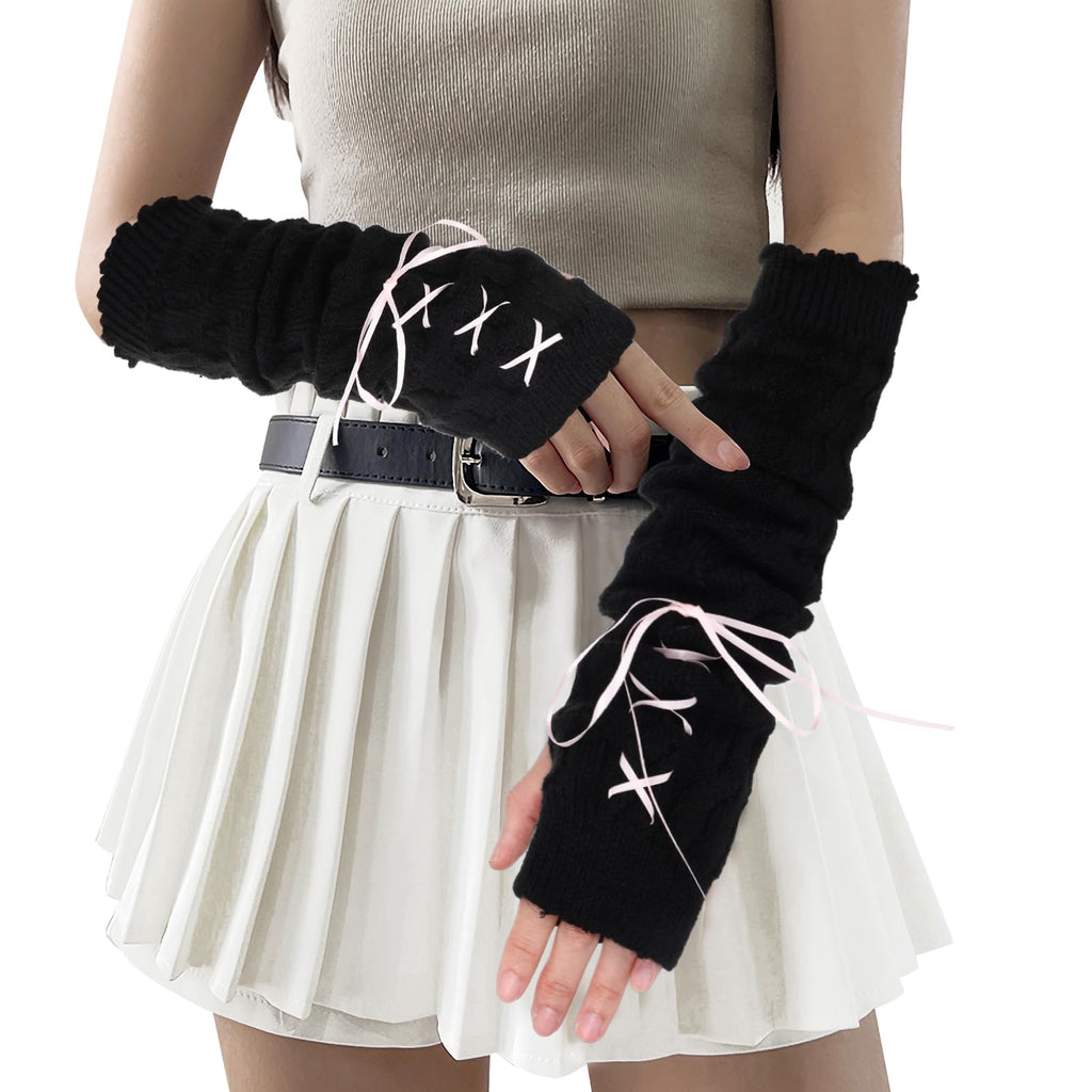 Y2K Harajuku Fingerless Arm Warmers - Long Thumb Hole Gloves for Women, Black 15.7 Inch - detail view